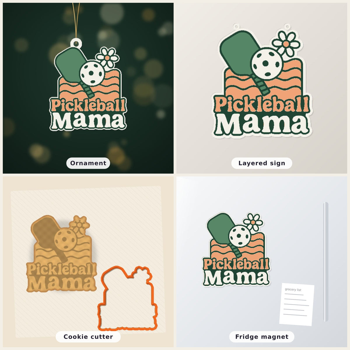 Retro Pickleball Mama ornament with a green paddle, white ball, daisy and peach wavy lines on a dark green blurred background, labeled 75 mm ornament, 4 colors.