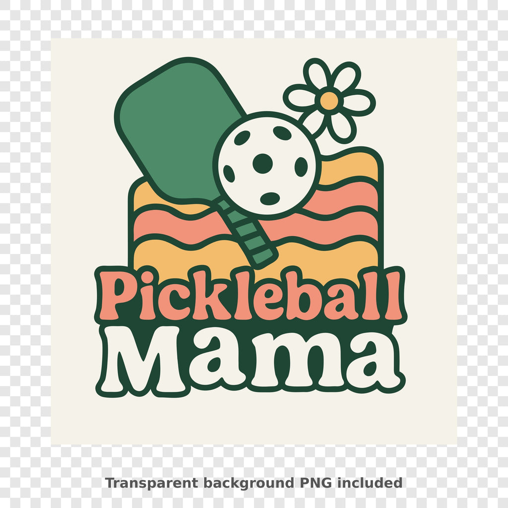 Retro pickleball mama design with a green paddle, white pickleball and daisy over wavy peach and golden stripes, with the text Pickleball Mama in groovy lettering.