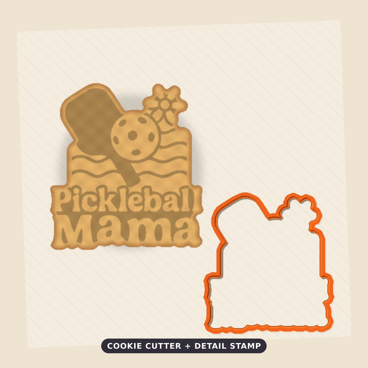 Retro Pickleball Mama ornament with a green paddle, white ball, daisy and peach wavy lines on a dark green blurred background, labeled 75 mm ornament, 4 colors.