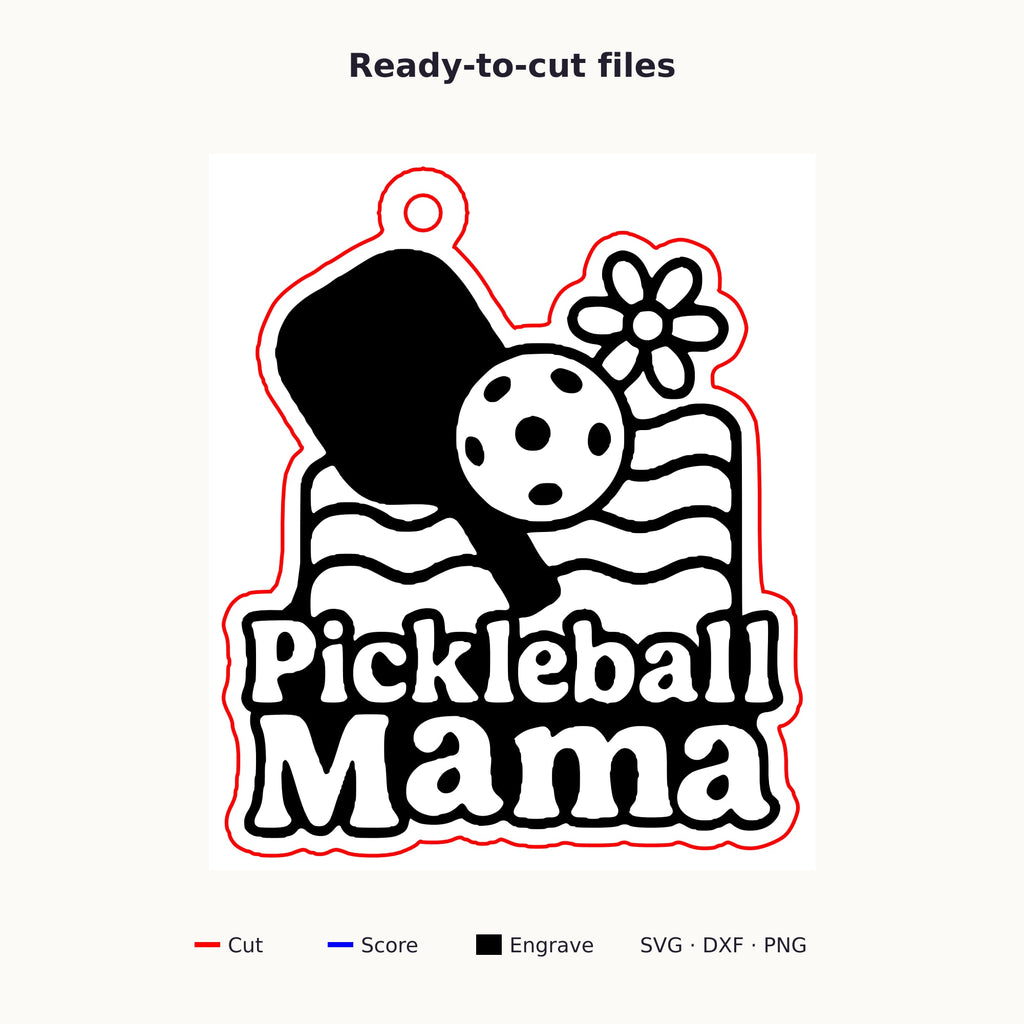 A wooden laser cut ornament with a groovy engraved pickleball paddle, ball, daisy and wavy lines above the words Pickleball Mama, hanging on a dark green bokeh background.