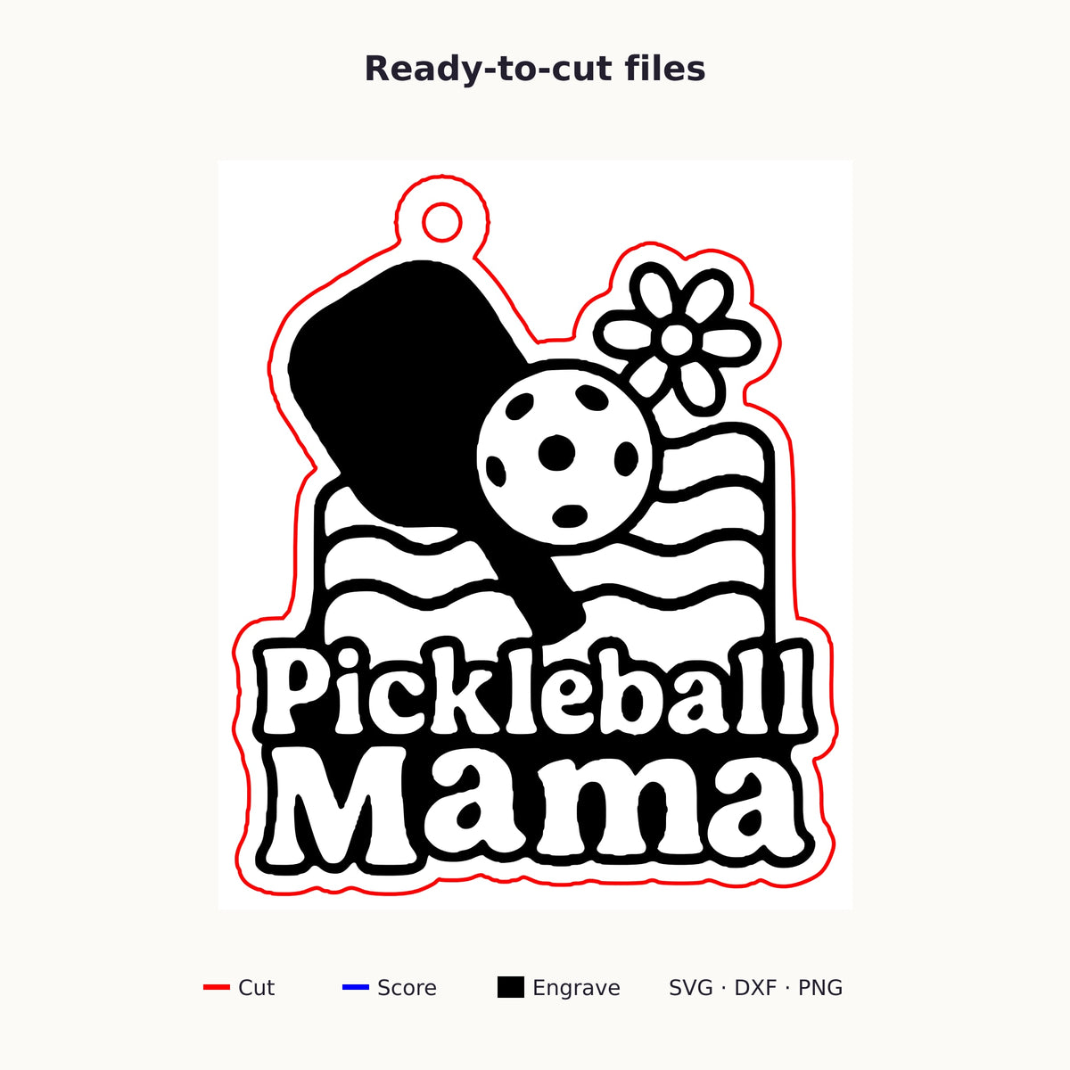 A wooden laser cut ornament with a groovy engraved pickleball paddle, ball, daisy and wavy lines above the words Pickleball Mama, hanging on a dark green bokeh background.