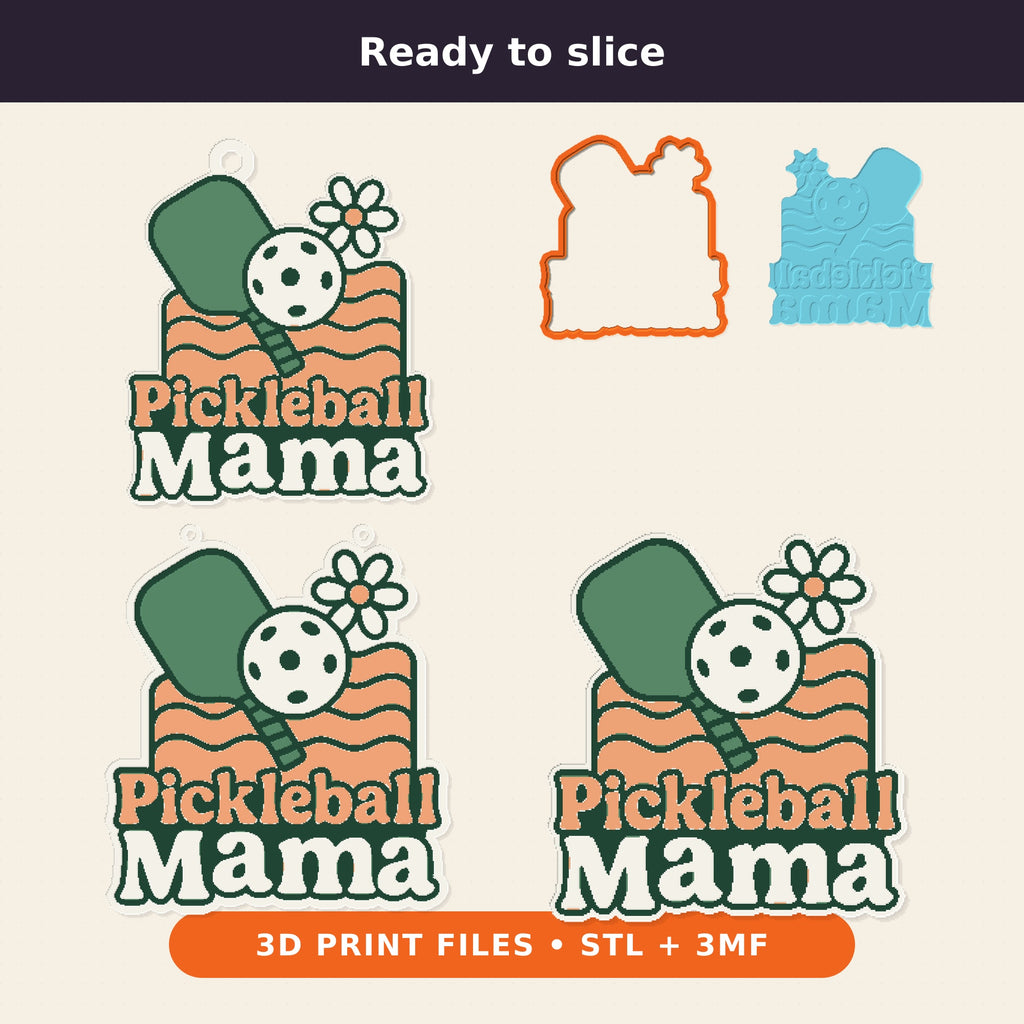 Retro Pickleball Mama ornament with a green paddle, white ball, daisy and peach wavy lines on a dark green blurred background, labeled 75 mm ornament, 4 colors.