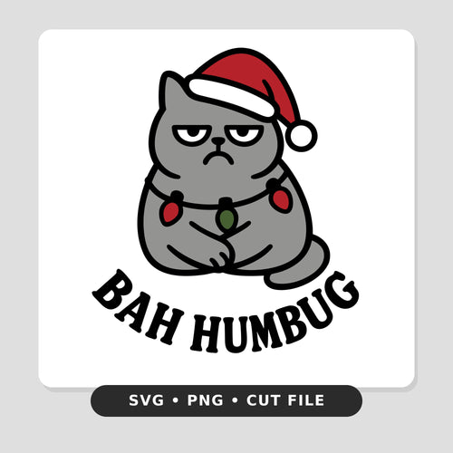 Cartoon gray cat with a grumpy frown wearing a red Santa hat and a string of Christmas lights, with the words Bah Humbug curved below it.
