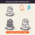 Four 3D printable models of a grumpy cat in a Santa hat with Christmas lights and the text Bah Humbug: an outline ornament, a cookie cutter with stamp, a gray layered sign, and a white magnet.