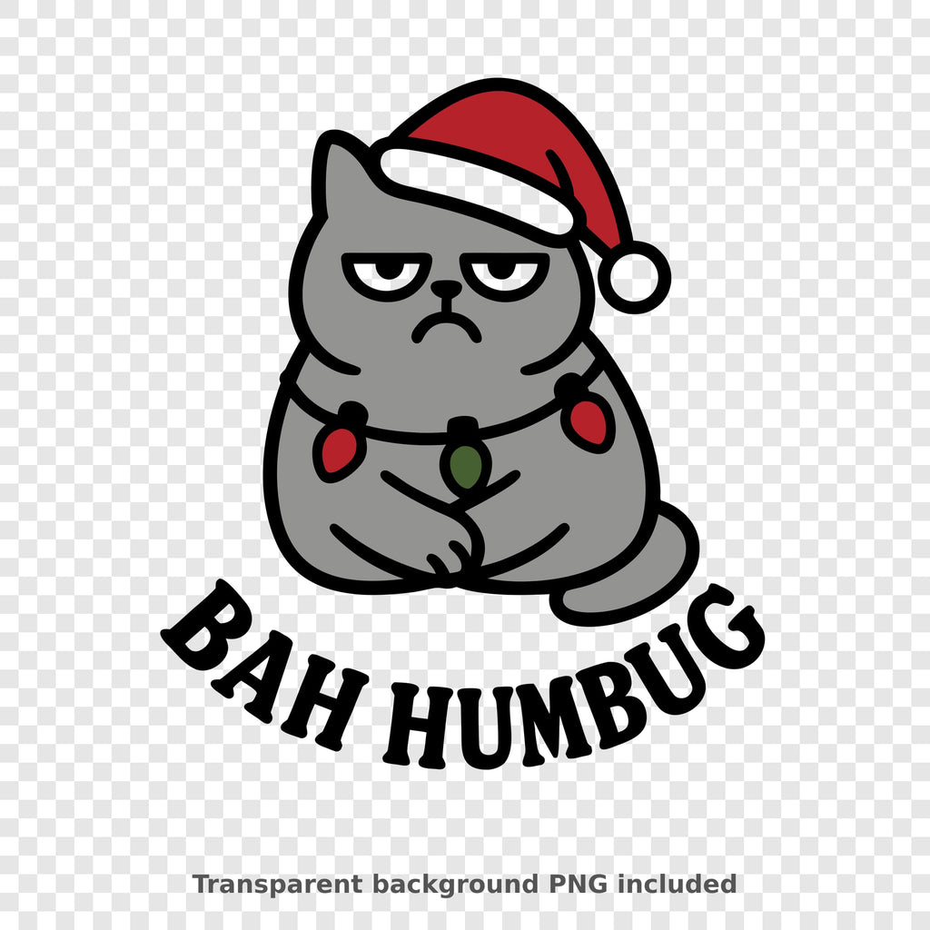 Cartoon gray cat with a grumpy frown wearing a red Santa hat and a string of Christmas lights, with the words Bah Humbug curved below it.