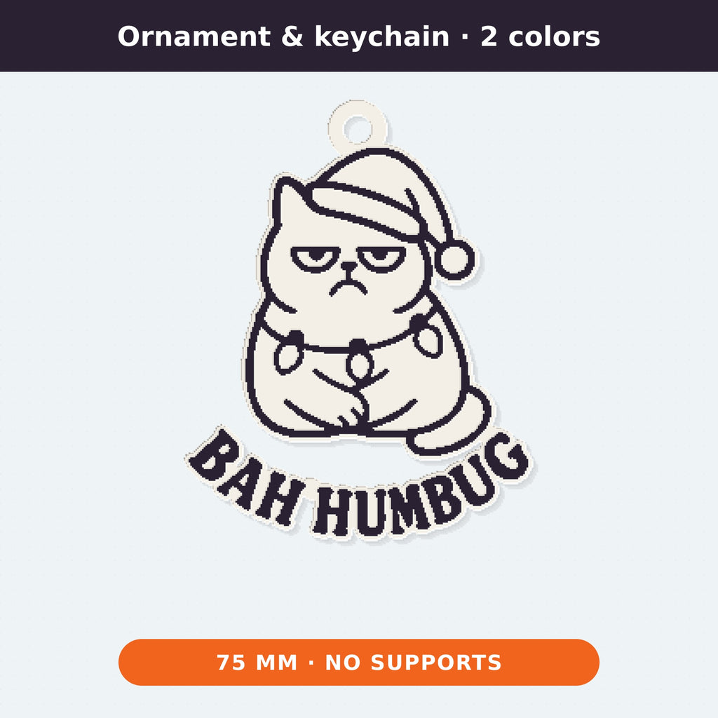 Four 3D printable models of a grumpy cat in a Santa hat with Christmas lights and the text Bah Humbug: an outline ornament, a cookie cutter with stamp, a gray layered sign, and a white magnet.
