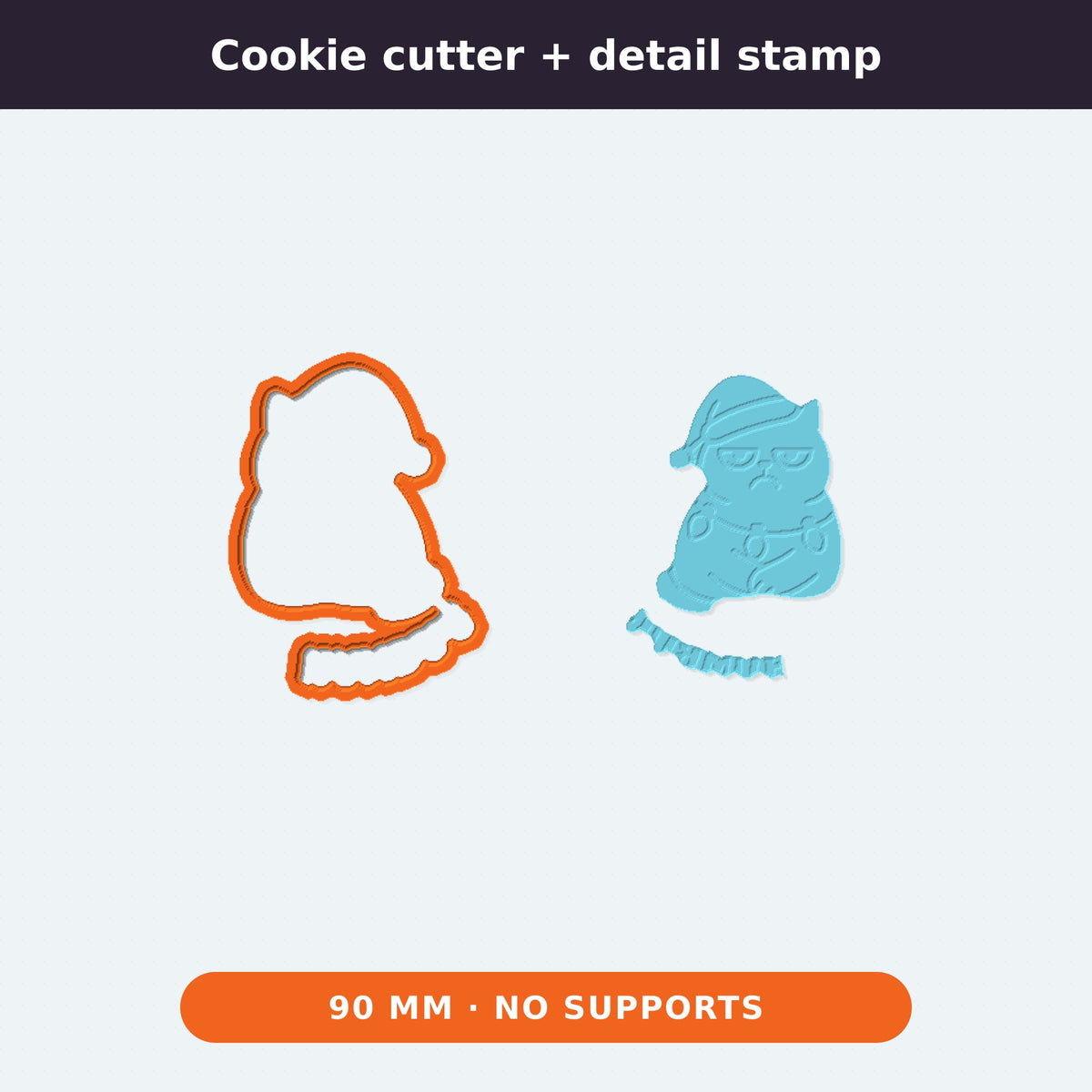 Four 3D printable models of a grumpy cat in a Santa hat with Christmas lights and the text Bah Humbug: an outline ornament, a cookie cutter with stamp, a gray layered sign, and a white magnet.