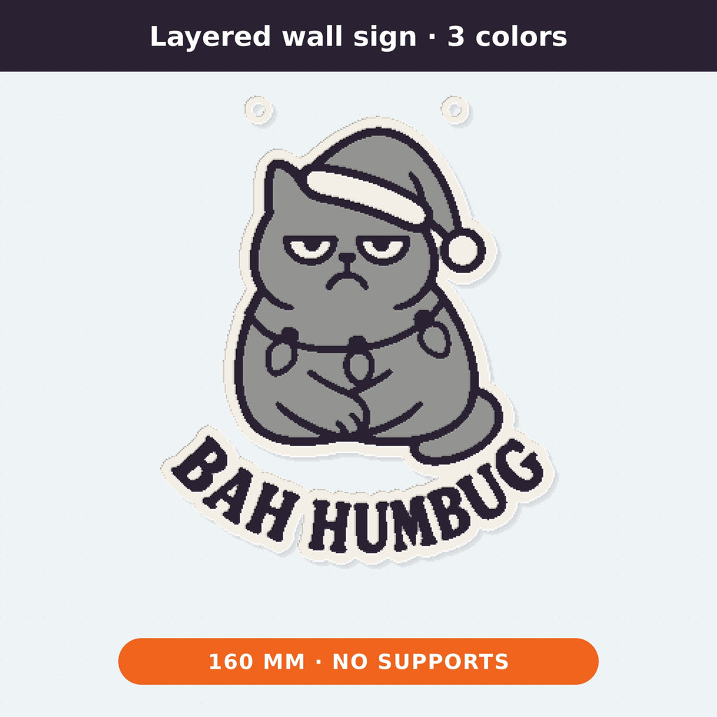 Four 3D printable models of a grumpy cat in a Santa hat with Christmas lights and the text Bah Humbug: an outline ornament, a cookie cutter with stamp, a gray layered sign, and a white magnet.