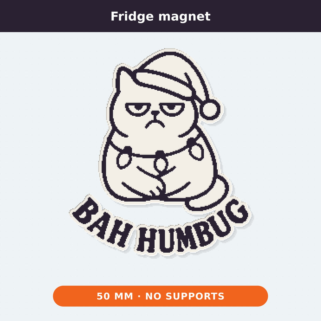 Four 3D printable models of a grumpy cat in a Santa hat with Christmas lights and the text Bah Humbug: an outline ornament, a cookie cutter with stamp, a gray layered sign, and a white magnet.