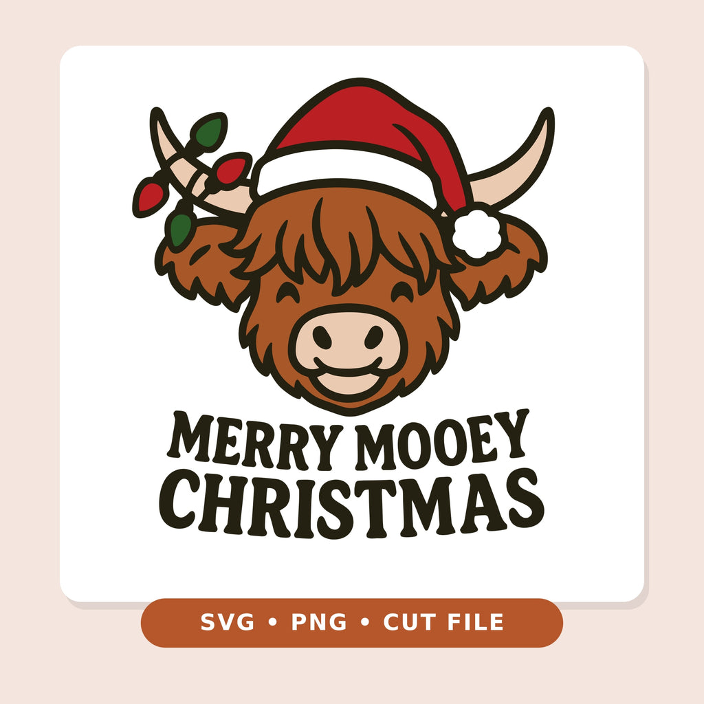 Cartoon highland cow with a red Santa hat and Christmas lights on its horn, smiling above the words Merry Mooey Christmas.