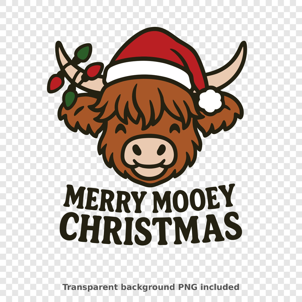 Cartoon highland cow with a red Santa hat and Christmas lights on its horn, smiling above the words Merry Mooey Christmas.