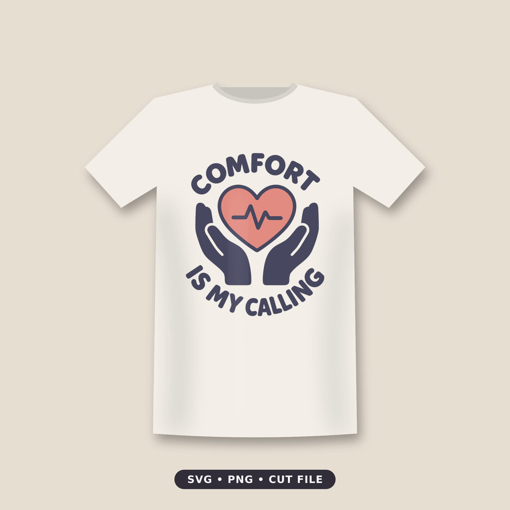 Navy and coral hospice nurse design with a pink heart showing a heartbeat line, cupped in two hands, with the words Comfort Is My Calling curved around it.