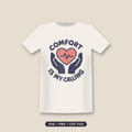 Navy and coral hospice nurse design with a pink heart showing a heartbeat line, cupped in two hands, with the words Comfort Is My Calling curved around it.