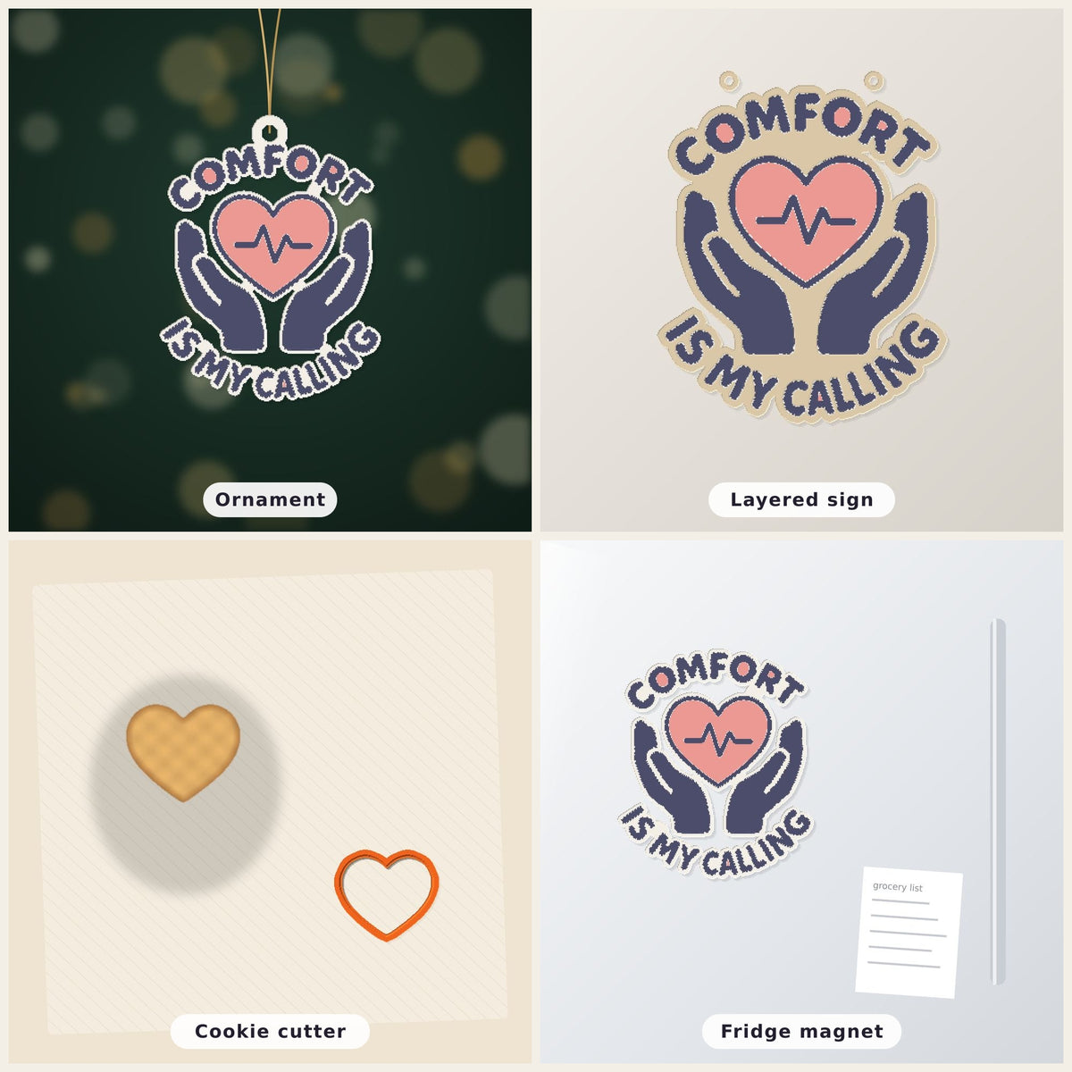 Ornament-shaped design with a pink heart and heartbeat line held by two navy hands, surrounded by the words Comfort Is My Calling on a dark green background labeled 75 mm ornament, 4 colors.