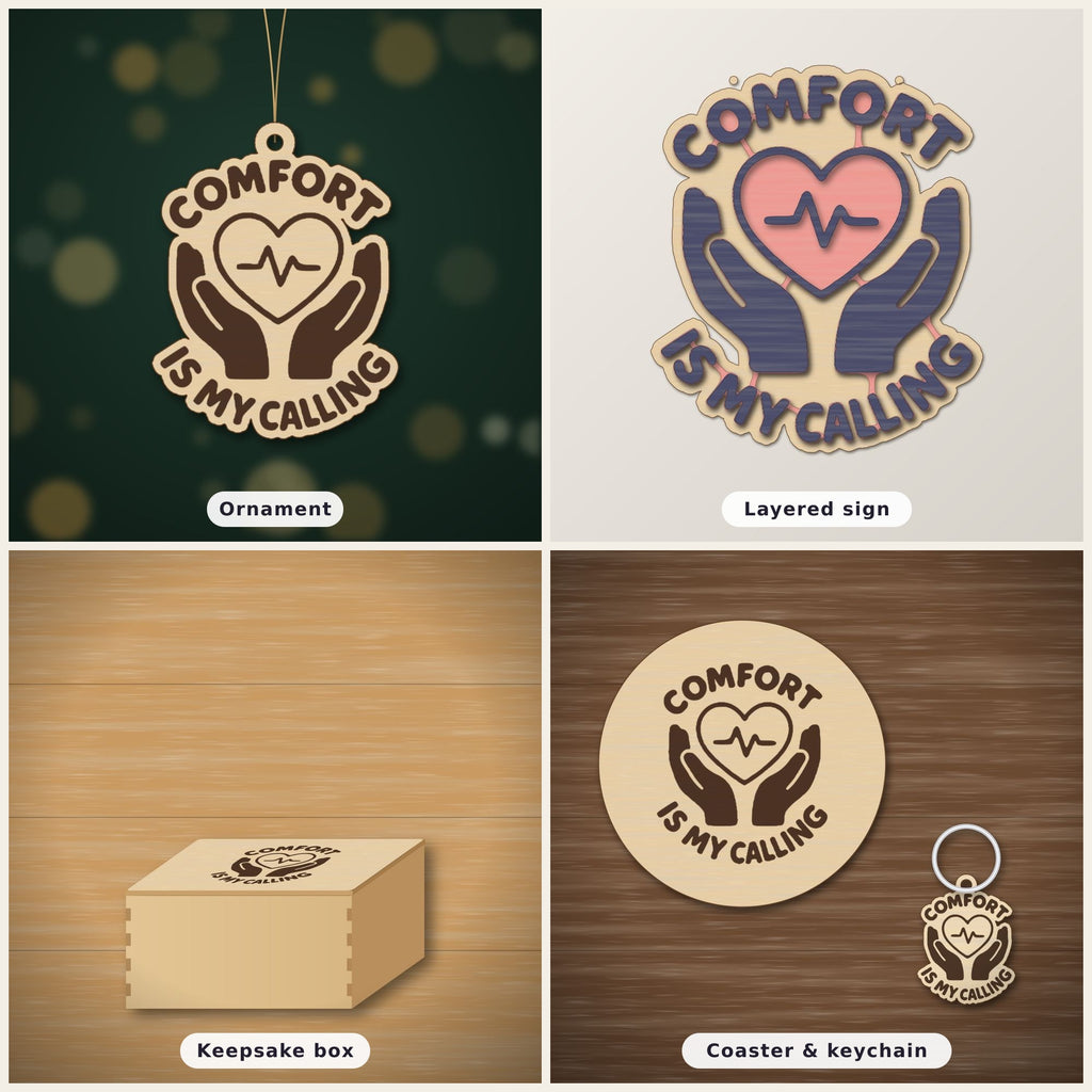 Round-edged wooden ornament with an engraved heart and pulse line held by two hands, with the words Comfort Is My Calling, hanging against a dark green blurred light background.
