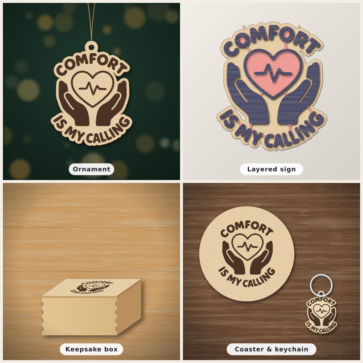 Round-edged wooden ornament with an engraved heart and pulse line held by two hands, with the words Comfort Is My Calling, hanging against a dark green blurred light background.