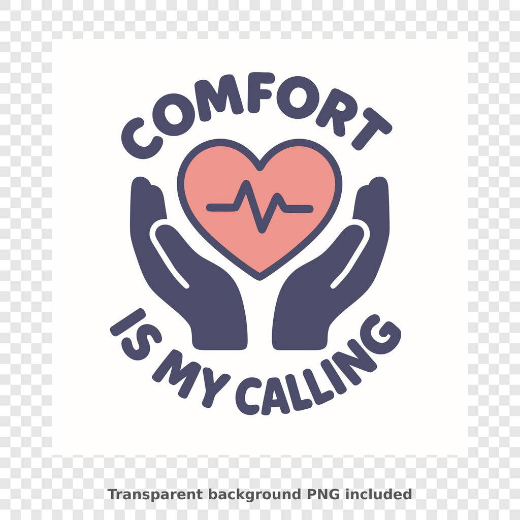 Navy and coral hospice nurse design with a pink heart showing a heartbeat line, cupped in two hands, with the words Comfort Is My Calling curved around it.