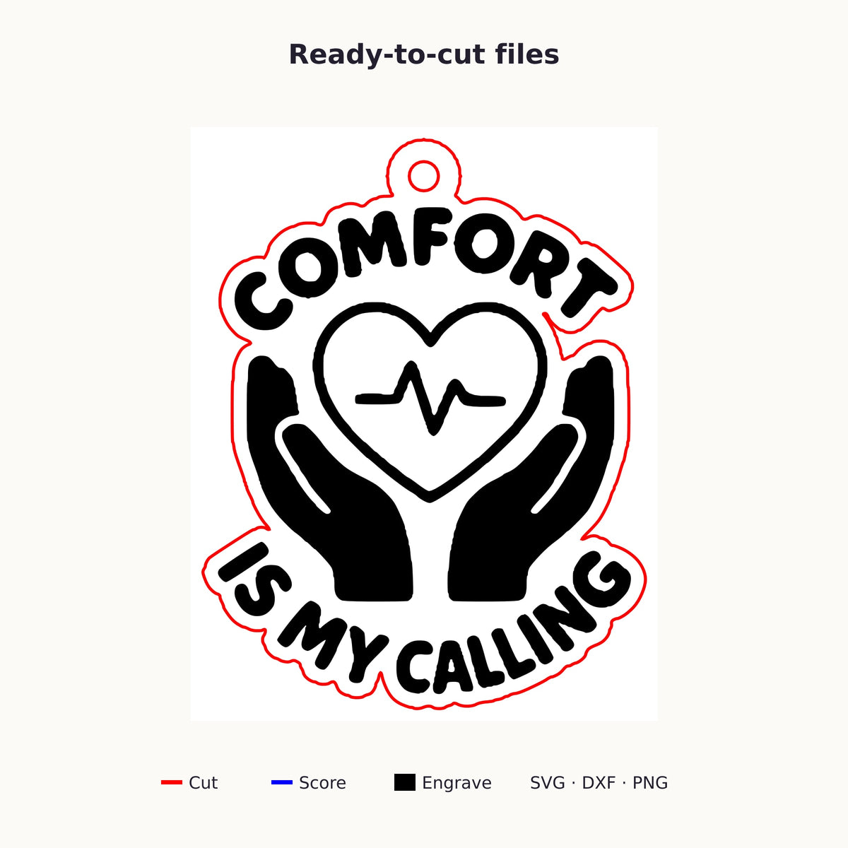 Round-edged wooden ornament with an engraved heart and pulse line held by two hands, with the words Comfort Is My Calling, hanging against a dark green blurred light background.