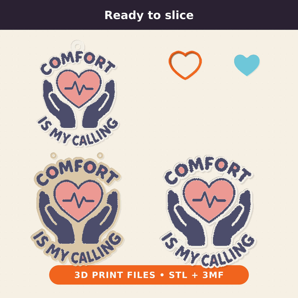 Ornament-shaped design with a pink heart and heartbeat line held by two navy hands, surrounded by the words Comfort Is My Calling on a dark green background labeled 75 mm ornament, 4 colors.