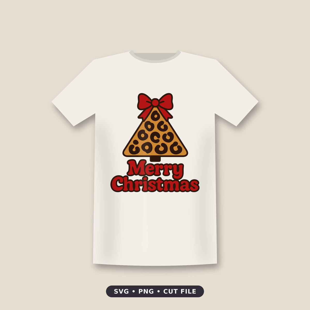 Leopard print Christmas tree topped with a red bow above the red words Merry Christmas on a plain background.
