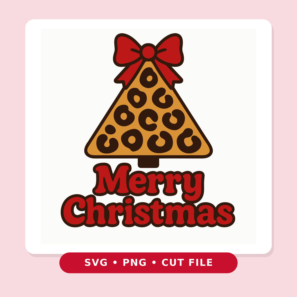 Leopard print Christmas tree topped with a red bow above the red words Merry Christmas on a plain background.