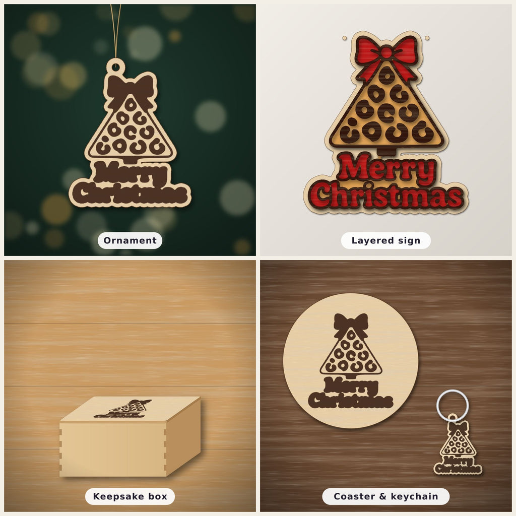 Laser cut wooden Christmas ornament shaped like a leopard print tree with a bow on top and the words Merry Christmas below, hanging against a dark green blurred background.