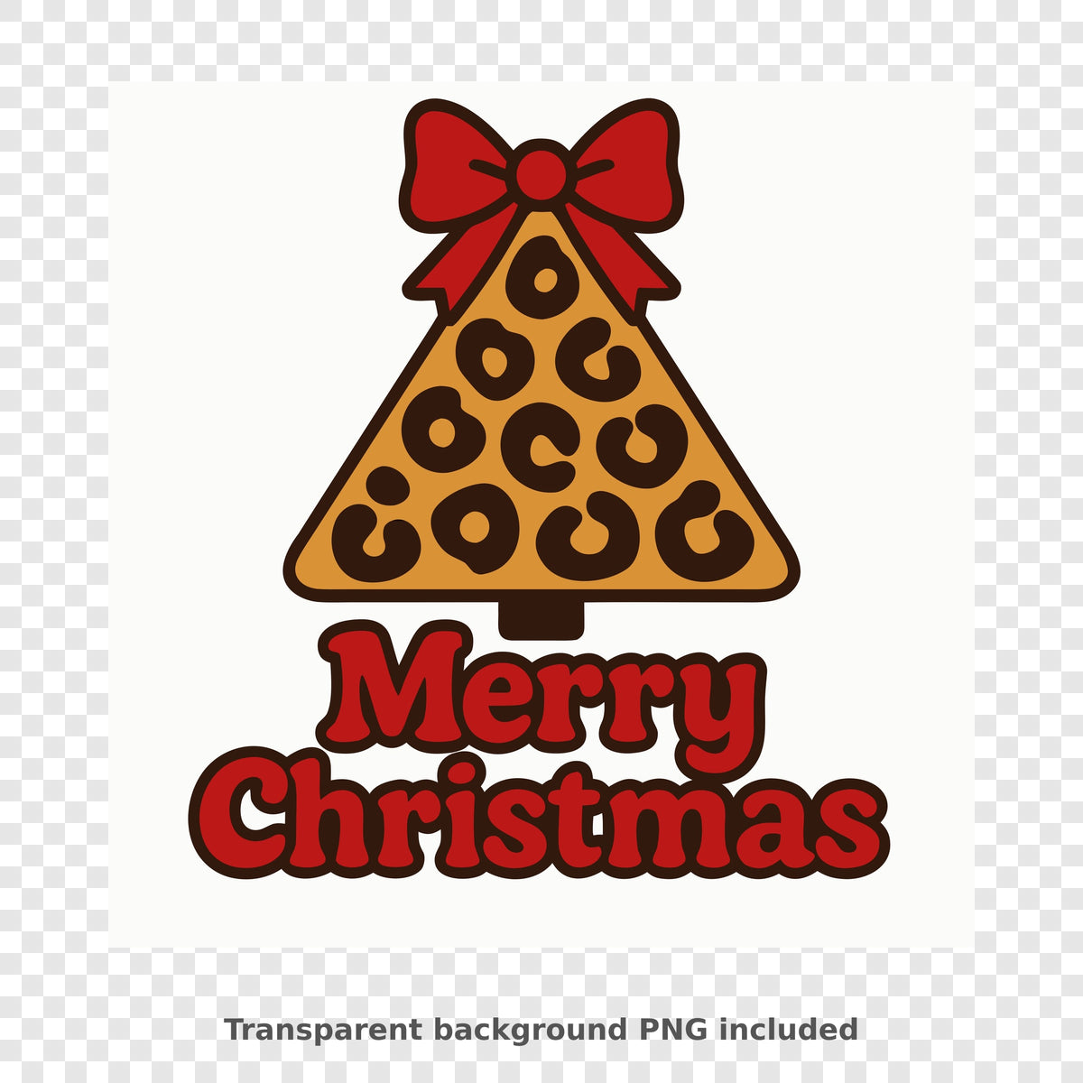 Leopard print Christmas tree topped with a red bow above the red words Merry Christmas on a plain background.