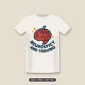 Smiling red cartoon brain shaped like a chili pepper with a green stem and gold sparkles above the curved navy text "Neurospicy and Thriving".
