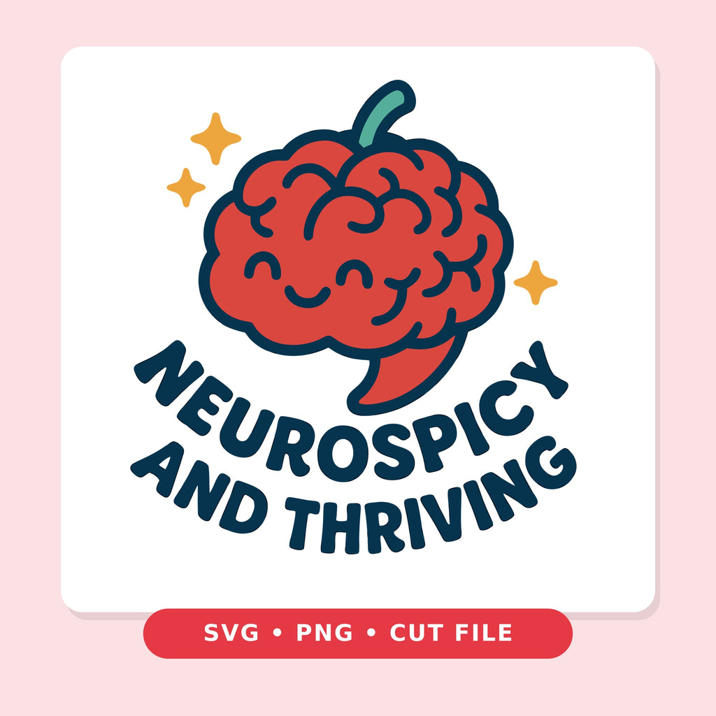 Smiling red cartoon brain shaped like a chili pepper with a green stem and gold sparkles above the curved navy text "Neurospicy and Thriving".