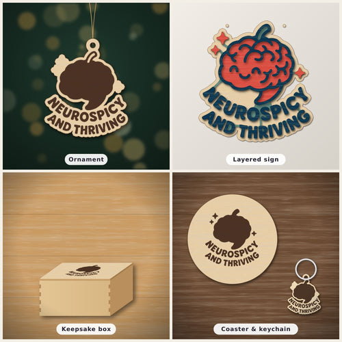 Wooden laser cut ornament with a dark brown engraved brain with a chili stem and the words Neurospicy and Thriving, hanging on a gold string against a green background with soft bokeh lights.