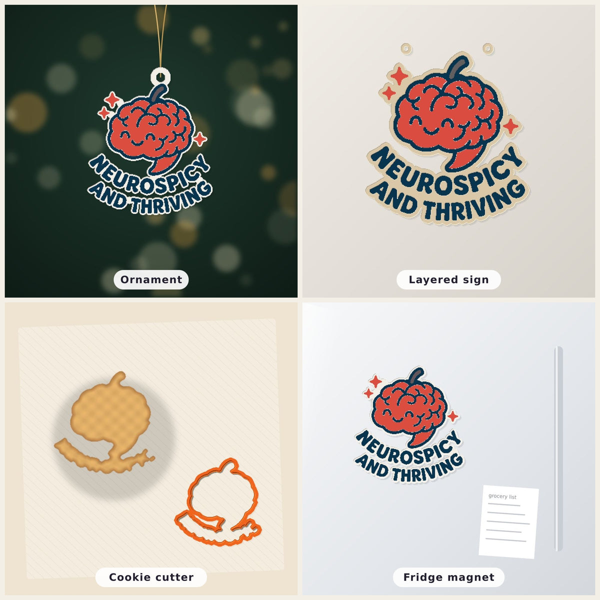 A 75 mm ornament of a smiling red chili-pepper brain with sparkles and the words Neurospicy and Thriving, hanging on a gold cord against a dark green bokeh background.