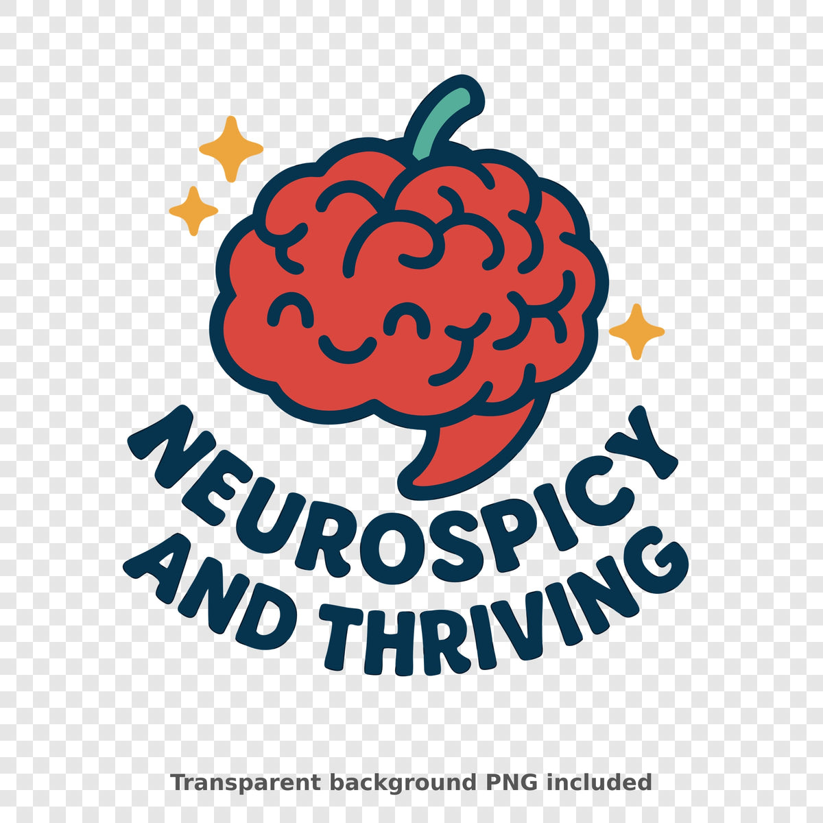 Smiling red cartoon brain shaped like a chili pepper with a green stem and gold sparkles above the curved navy text "Neurospicy and Thriving".