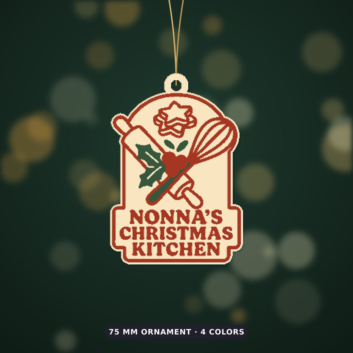 Four 3D printable Christmas models showing a Nonna's Christmas Kitchen design with a rolling pin, whisk and holly as an ornament, layered sign, cookie cutter and fridge magnet.