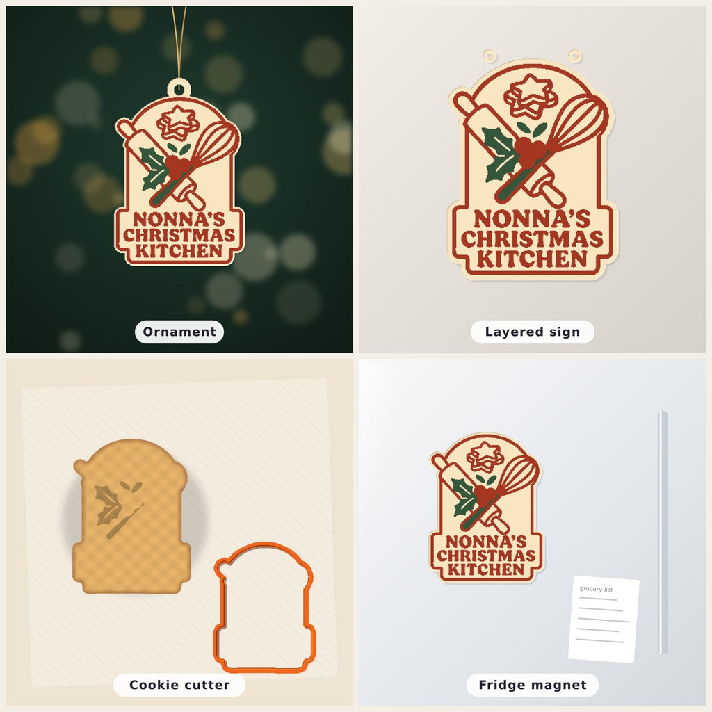 Four 3D printable Christmas models showing a Nonna's Christmas Kitchen design with a rolling pin, whisk and holly as an ornament, layered sign, cookie cutter and fridge magnet.