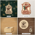 Four mockups of a Nonna's Christmas Kitchen laser project set showing a wooden ornament, a red and green layered sign, a finger-joint keepsake box and a round coaster with a keychain, all with a rolling pin, whisk and holly design.