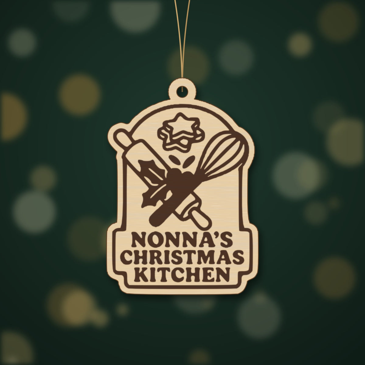 Four mockups of a Nonna's Christmas Kitchen laser project set showing a wooden ornament, a red and green layered sign, a finger-joint keepsake box and a round coaster with a keychain, all with a rolling pin, whisk and holly design.