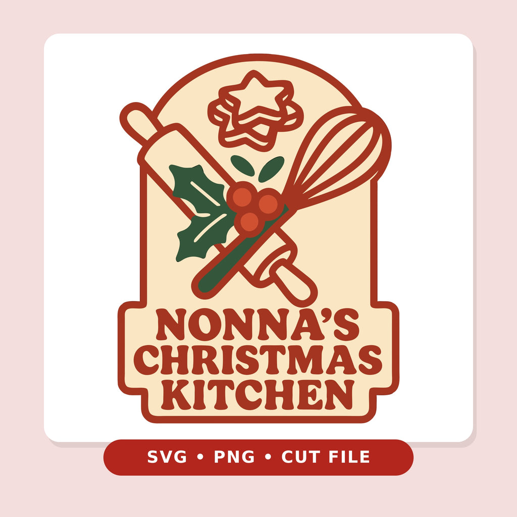 Retro arched Christmas badge with a crossed rolling pin and whisk, holly leaves, red berries and star cookies above the words Nonna's Christmas Kitchen in bold red lettering.