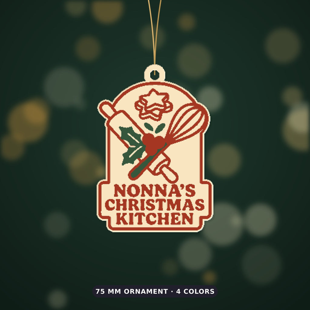 Four 3D printable Christmas models showing a Nonna's Christmas Kitchen design with a rolling pin, whisk and holly as an ornament, layered sign, cookie cutter and fridge magnet.