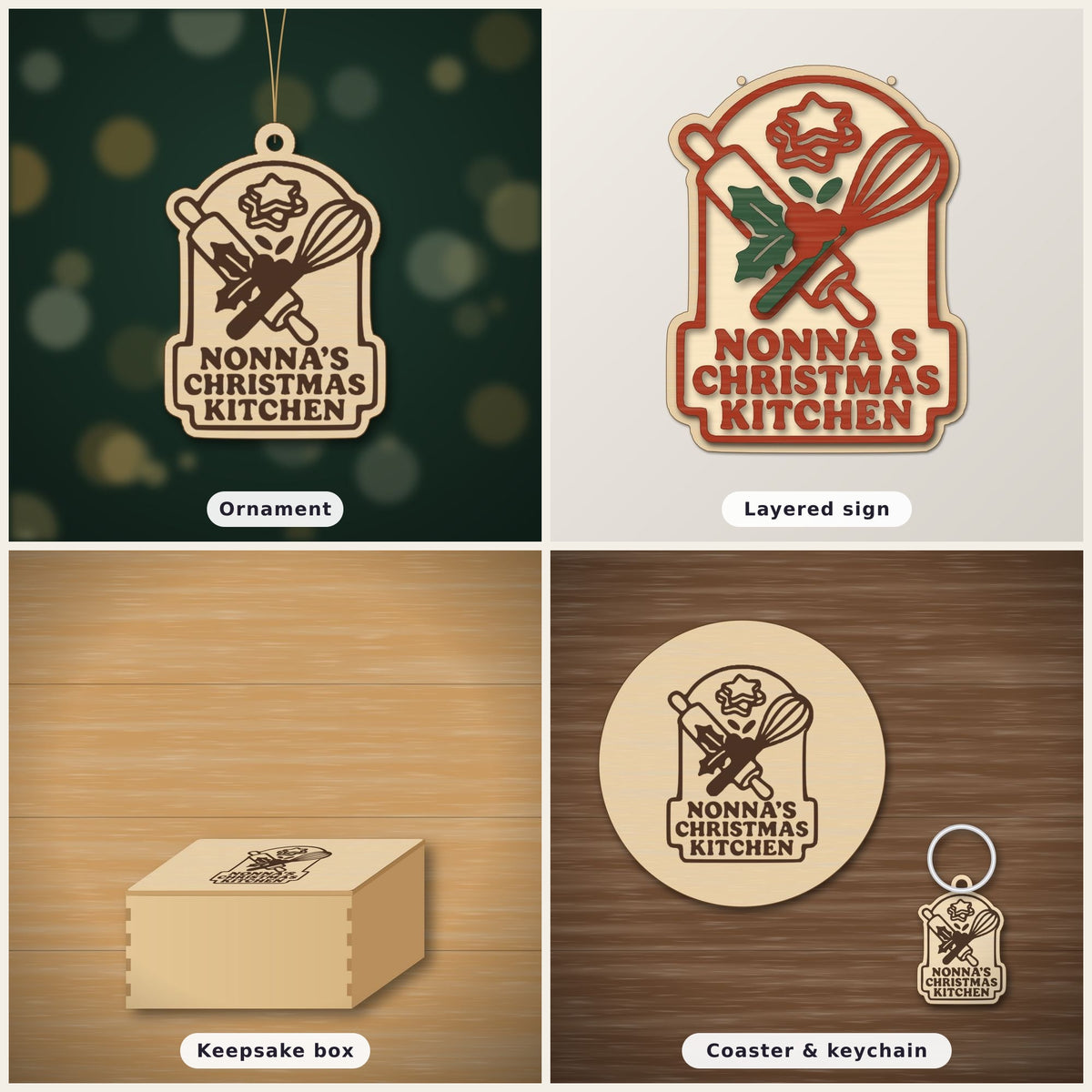 Four mockups of a Nonna's Christmas Kitchen laser project set showing a wooden ornament, a red and green layered sign, a finger-joint keepsake box and a round coaster with a keychain, all with a rolling pin, whisk and holly design.