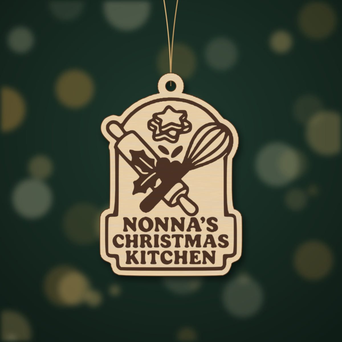 Four mockups of a Nonna's Christmas Kitchen laser project set showing a wooden ornament, a red and green layered sign, a finger-joint keepsake box and a round coaster with a keychain, all with a rolling pin, whisk and holly design.