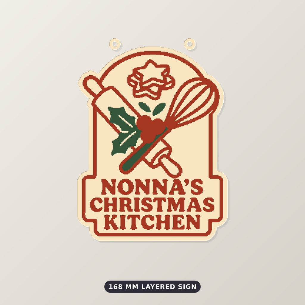 Four 3D printable Christmas models showing a Nonna's Christmas Kitchen design with a rolling pin, whisk and holly as an ornament, layered sign, cookie cutter and fridge magnet.
