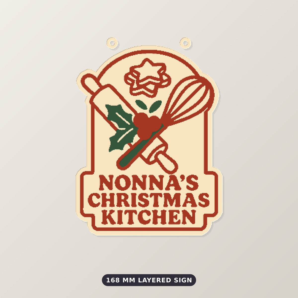 Four 3D printable Christmas models showing a Nonna's Christmas Kitchen design with a rolling pin, whisk and holly as an ornament, layered sign, cookie cutter and fridge magnet.