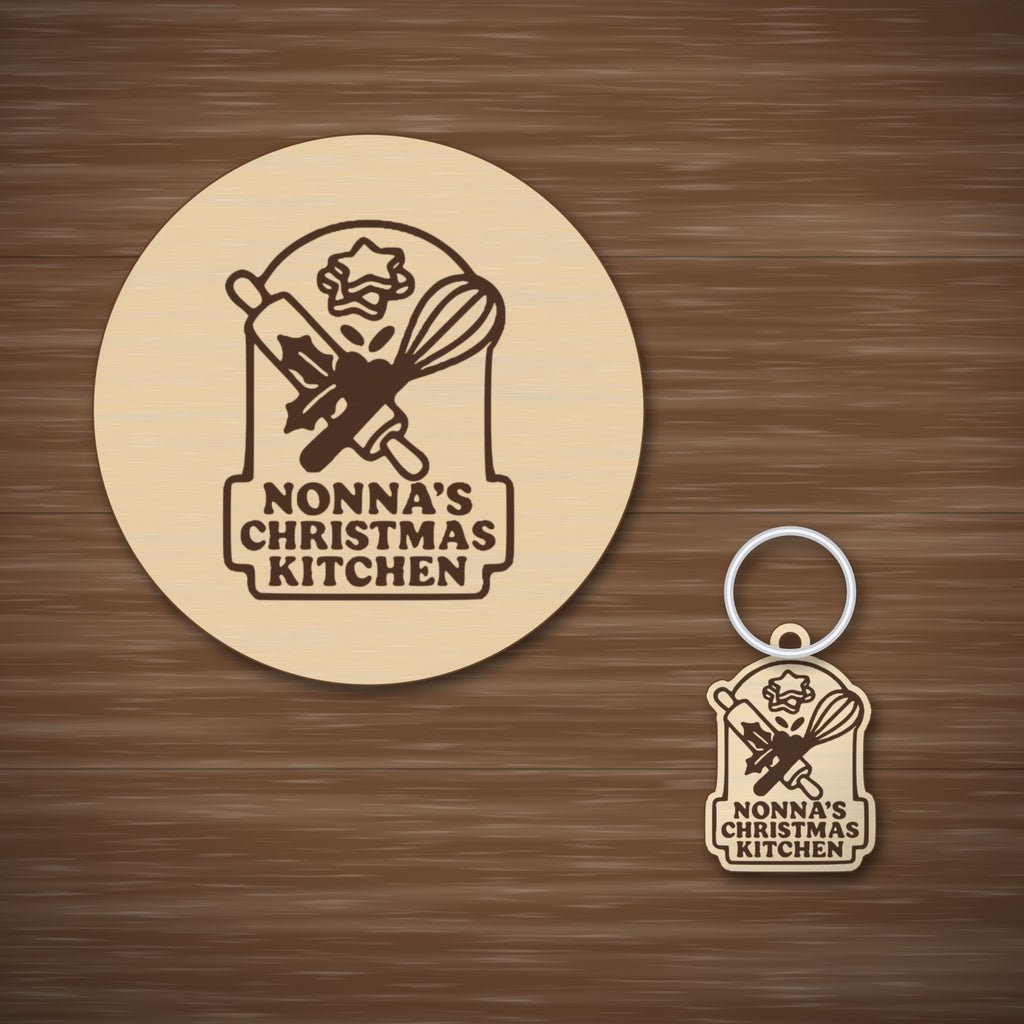 Four mockups of a Nonna's Christmas Kitchen laser project set showing a wooden ornament, a red and green layered sign, a finger-joint keepsake box and a round coaster with a keychain, all with a rolling pin, whisk and holly design.