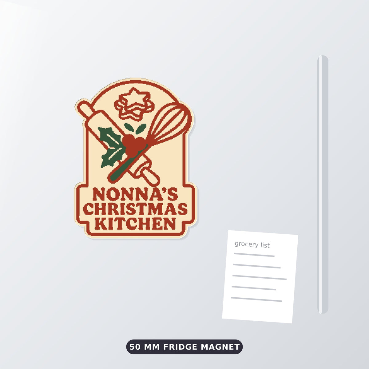 Four 3D printable Christmas models showing a Nonna's Christmas Kitchen design with a rolling pin, whisk and holly as an ornament, layered sign, cookie cutter and fridge magnet.