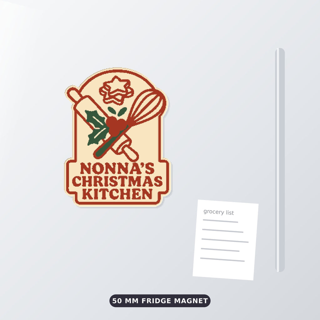 Four 3D printable Christmas models showing a Nonna's Christmas Kitchen design with a rolling pin, whisk and holly as an ornament, layered sign, cookie cutter and fridge magnet.