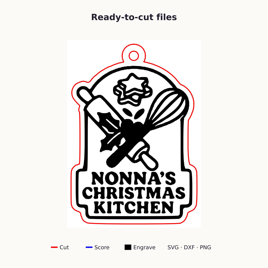 Four mockups of a Nonna's Christmas Kitchen laser project set showing a wooden ornament, a red and green layered sign, a finger-joint keepsake box and a round coaster with a keychain, all with a rolling pin, whisk and holly design.
