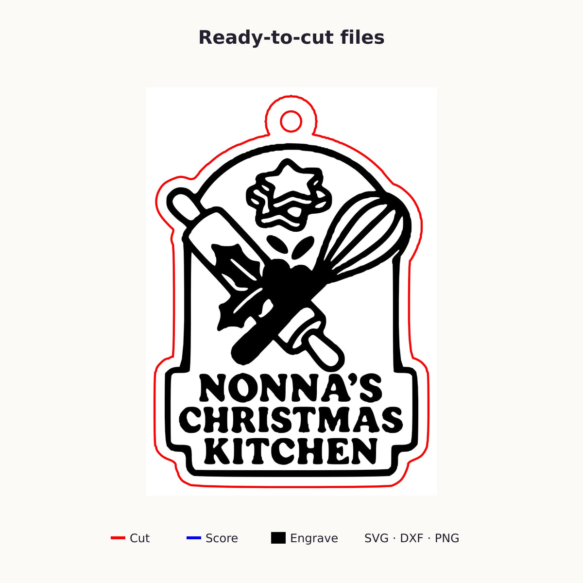 Four mockups of a Nonna's Christmas Kitchen laser project set showing a wooden ornament, a red and green layered sign, a finger-joint keepsake box and a round coaster with a keychain, all with a rolling pin, whisk and holly design.