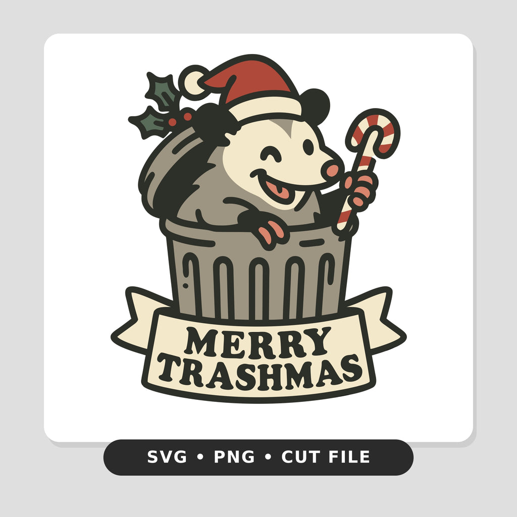 Cartoon opossum wearing a Santa hat and holding a candy cane while peeking out of a trash can, with holly leaves and a banner reading Merry Trashmas.