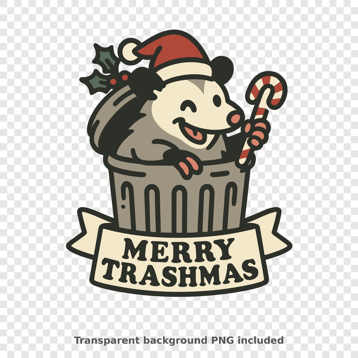 Cartoon opossum wearing a Santa hat and holding a candy cane while peeking out of a trash can, with holly leaves and a banner reading Merry Trashmas.