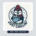 Cute cartoon penguin in a red knit beanie and scarf holding a mug of hot cocoa with marshmallows inside a round frame with snowflakes and the text Just Chillin'.